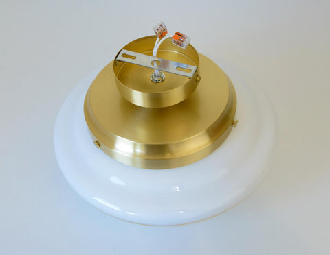 Redesign Art Deco Semi Flush Mount Sconce: Hand-Blown White Glass & Gold