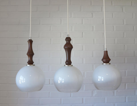 Vintage Pendant Lights / Set of 3 / Redesign Wood and Glass Hanging Bar Lamps