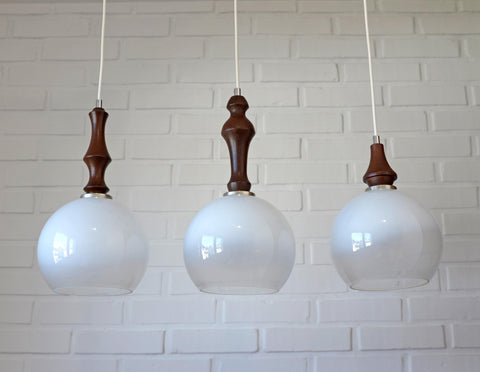 Vintage Pendant Lights / Set of 3 / Redesign Wood and Glass Hanging Bar Lamps