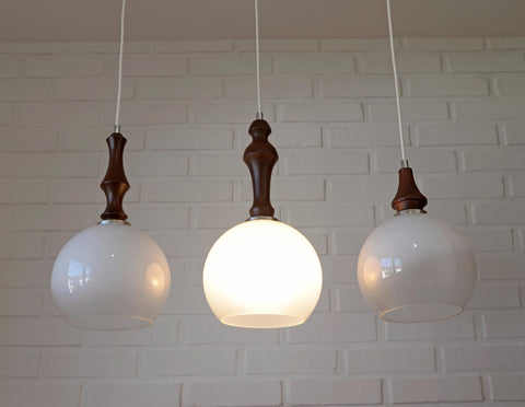 Vintage Pendant Lights / Set of 3 / Redesign Wood and Glass Hanging Bar Lamps
