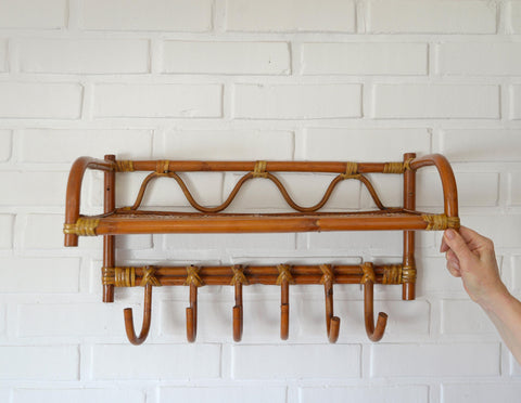 Set of 2 Vintage Bamboo Shelves / Rattan Wall- Mount Shelf / Wall Hanging Rack 1970s