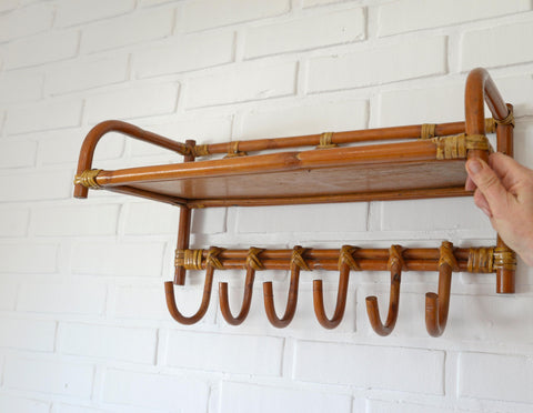 Set of 2 Vintage Bamboo Shelves / Rattan Wall- Mount Shelf / Wall Hanging Rack 1970s