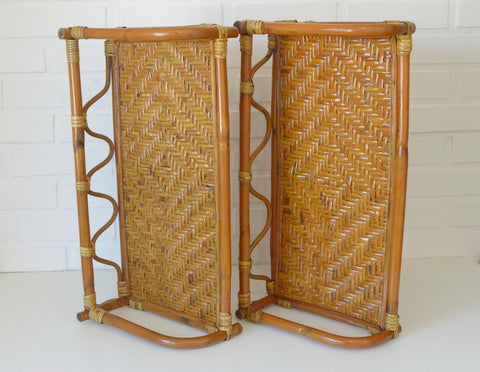 Set of 2 Vintage Bamboo Shelves / Rattan Wall- Mount Shelf / Wall Hanging Rack 1970s