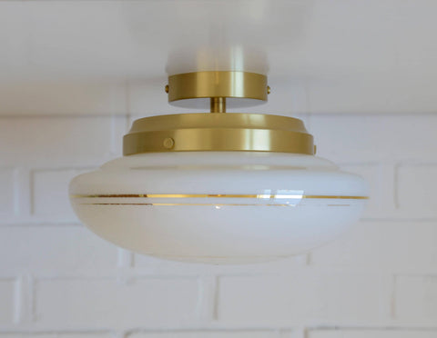 Redesign Art Deco Semi Flush Mount Sconce: Hand-Blown White Glass & Gold