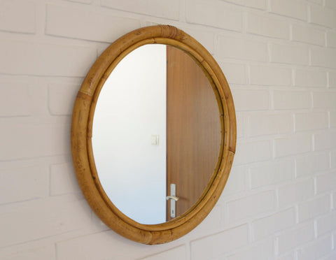 Vintage Round Bamboo Wall Mirror | Mid-Century Boho Rattan Mirror | Japandi Home Decor