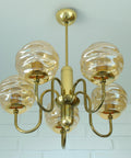 Vintage Restored Hollywood Regency Chandelier – 5 Amber Glass Globes, Brass-Tone Gooseneck Design, Yugoslavia 1980s