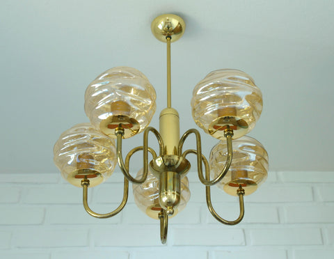Vintage Restored Hollywood Regency Chandelier – 5 Amber Glass Globes, Brass-Tone Gooseneck Design, Yugoslavia 1980s