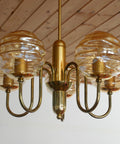 Vintage Restored Hollywood Regency Chandelier – 5 Amber Glass Globes, Brass-Tone Gooseneck Design, Yugoslavia 1980s