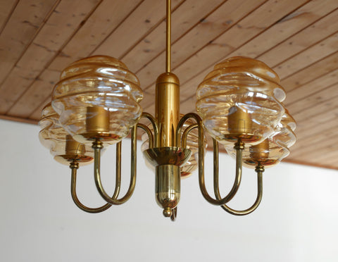 Vintage Restored Hollywood Regency Chandelier – 5 Amber Glass Globes, Brass-Tone Gooseneck Design, Yugoslavia 1980s