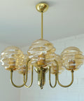 Vintage Restored Hollywood Regency Chandelier – 5 Amber Glass Globes, Brass-Tone Gooseneck Design, Yugoslavia 1980s