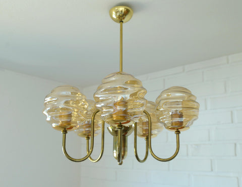 Vintage Restored Hollywood Regency Chandelier – 5 Amber Glass Globes, Brass-Tone Gooseneck Design, Yugoslavia 1980s