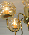 Vintage Restored Hollywood Regency Chandelier – 5 Amber Glass Globes, Brass-Tone Gooseneck Design, Yugoslavia 1980s