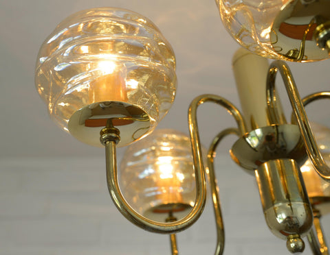 Vintage Restored Hollywood Regency Chandelier – 5 Amber Glass Globes, Brass-Tone Gooseneck Design, Yugoslavia 1980s