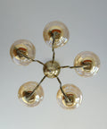 Vintage Restored Hollywood Regency Chandelier – 5 Amber Glass Globes, Brass-Tone Gooseneck Design, Yugoslavia 1980s