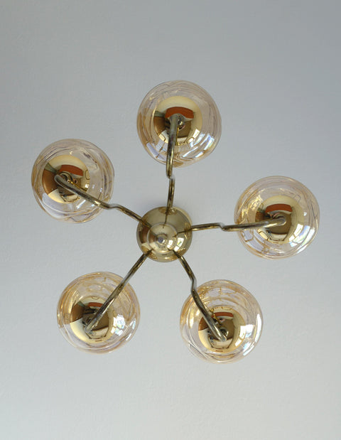 Vintage Restored Hollywood Regency Chandelier – 5 Amber Glass Globes, Brass-Tone Gooseneck Design, Yugoslavia 1980s