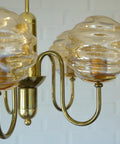 Vintage Restored Hollywood Regency Chandelier – 5 Amber Glass Globes, Brass-Tone Gooseneck Design, Yugoslavia 1980s