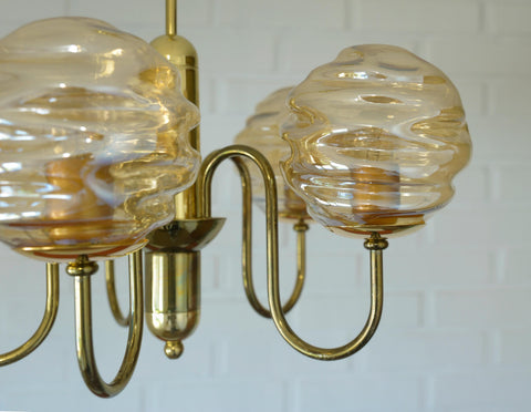 Vintage Restored Hollywood Regency Chandelier – 5 Amber Glass Globes, Brass-Tone Gooseneck Design, Yugoslavia 1980s