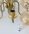 Vintage Restored Hollywood Regency Chandelier – 5 Amber Glass Globes, Brass-Tone Gooseneck Design, Yugoslavia 1980s