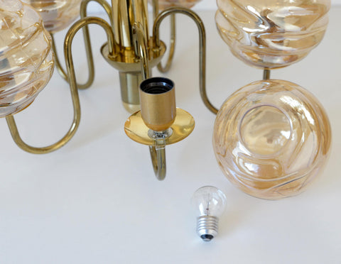 Vintage Restored Hollywood Regency Chandelier – 5 Amber Glass Globes, Brass-Tone Gooseneck Design, Yugoslavia 1980s