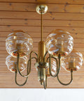 Vintage Restored Hollywood Regency Chandelier – 5 Amber Glass Globes, Brass-Tone Gooseneck Design, Yugoslavia 1980s