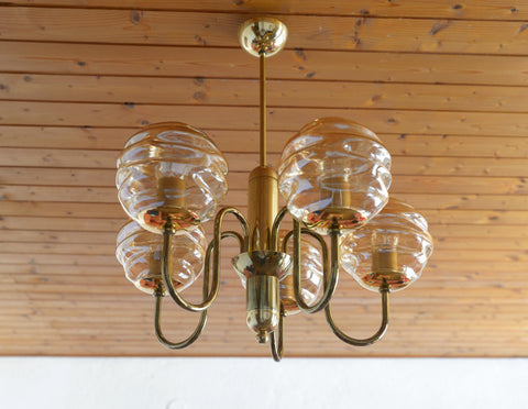 Vintage Restored Hollywood Regency Chandelier – 5 Amber Glass Globes, Brass-Tone Gooseneck Design, Yugoslavia 1980s