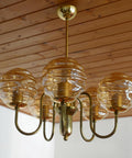 Vintage Restored Hollywood Regency Chandelier – 5 Amber Glass Globes, Brass-Tone Gooseneck Design, Yugoslavia 1980s
