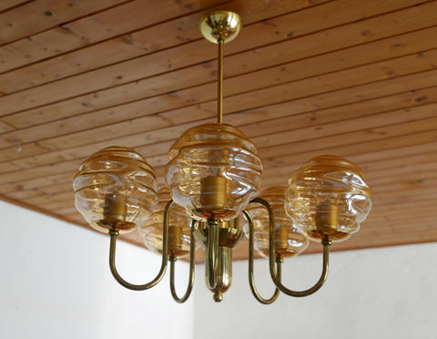Vintage Restored Hollywood Regency Chandelier – 5 Amber Glass Globes, Brass-Tone Gooseneck Design, Yugoslavia 1980s