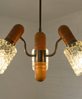 Vintage Rustic Mid Century Chandelier Pendant Light – Solid Oak & Textured Glass Shades – Yugoslavia 1960s/70s