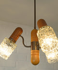 Vintage Rustic Mid Century Chandelier Pendant Light – Solid Oak & Textured Glass Shades – Yugoslavia 1960s/70s