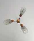 Vintage Rustic Mid Century Chandelier Pendant Light – Solid Oak & Textured Glass Shades – Yugoslavia 1960s/70s