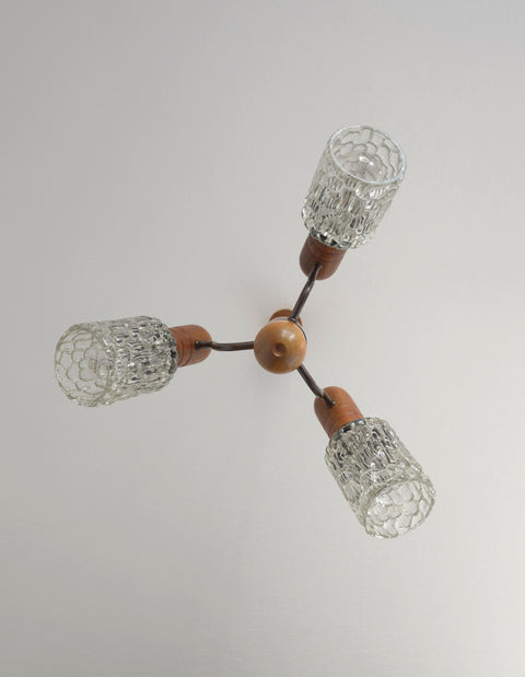 Vintage Rustic Mid Century Chandelier Pendant Light – Solid Oak & Textured Glass Shades – Yugoslavia 1960s/70s