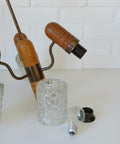 Vintage Rustic Mid Century Chandelier Pendant Light – Solid Oak & Textured Glass Shades – Yugoslavia 1960s/70s