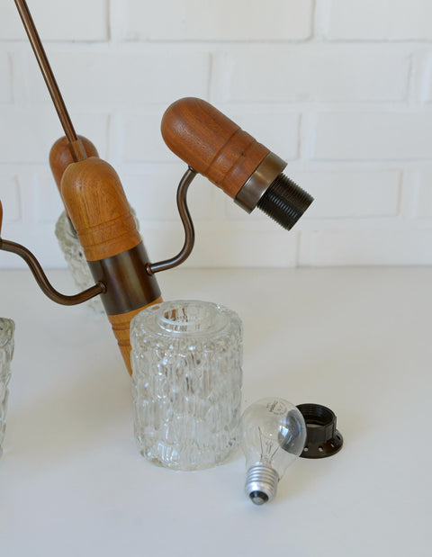Vintage Rustic Mid Century Chandelier Pendant Light – Solid Oak & Textured Glass Shades – Yugoslavia 1960s/70s
