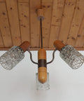 Vintage Rustic Mid Century Chandelier Pendant Light – Solid Oak & Textured Glass Shades – Yugoslavia 1960s/70s