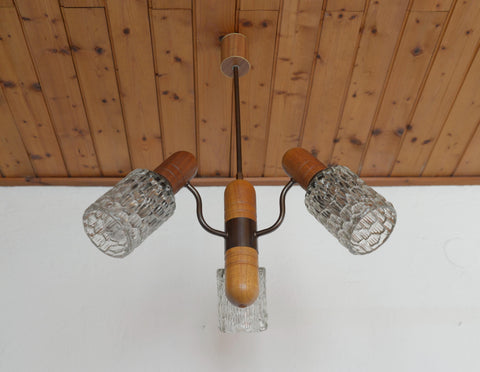 Vintage Rustic Mid Century Chandelier Pendant Light – Solid Oak & Textured Glass Shades – Yugoslavia 1960s/70s
