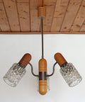 Vintage Rustic Mid Century Chandelier Pendant Light – Solid Oak & Textured Glass Shades – Yugoslavia 1960s/70s