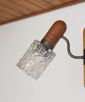 Vintage Rustic Mid Century Chandelier Pendant Light – Solid Oak & Textured Glass Shades – Yugoslavia 1960s/70s