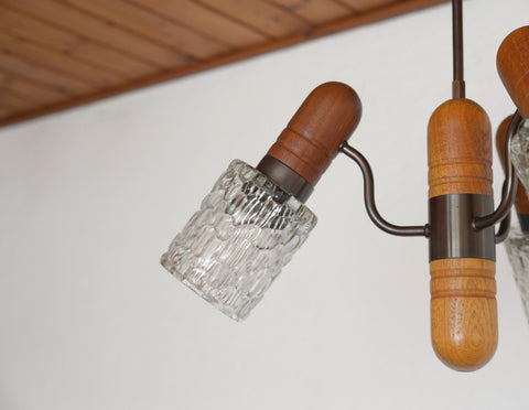 Vintage Rustic Mid Century Chandelier Pendant Light – Solid Oak & Textured Glass Shades – Yugoslavia 1960s/70s