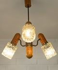 Vintage Rustic Mid Century Chandelier Pendant Light – Solid Oak & Textured Glass Shades – Yugoslavia 1960s/70s