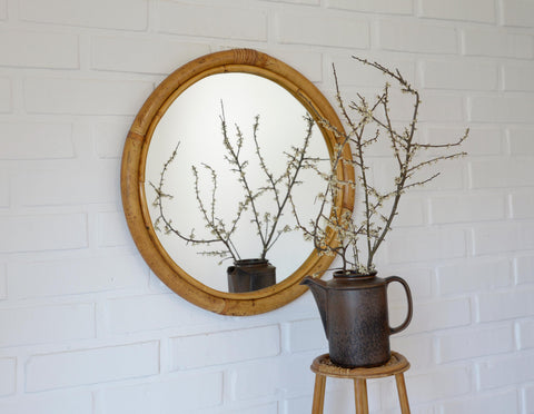Vintage Round Bamboo Wall Mirror | Mid-Century Boho Rattan Mirror | Japandi Home Decor
