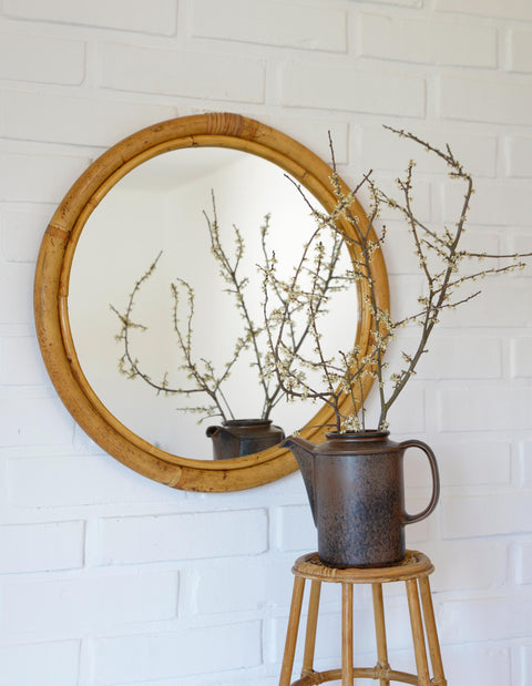Vintage Round Bamboo Wall Mirror | Mid-Century Boho Rattan Mirror | Japandi Home Decor