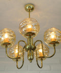 Vintage Restored Hollywood Regency Chandelier – 5 Amber Glass Globes, Brass-Tone Gooseneck Design, Yugoslavia 1980s