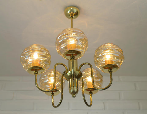 Vintage Restored Hollywood Regency Chandelier – 5 Amber Glass Globes, Brass-Tone Gooseneck Design, Yugoslavia 1980s