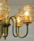 Vintage Restored Hollywood Regency Chandelier – 5 Amber Glass Globes, Brass-Tone Gooseneck Design, Yugoslavia 1980s