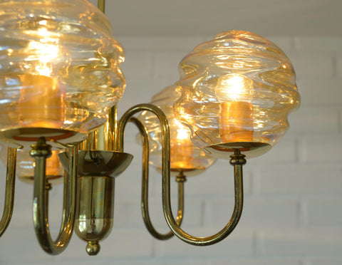 Vintage Restored Hollywood Regency Chandelier – 5 Amber Glass Globes, Brass-Tone Gooseneck Design, Yugoslavia 1980s