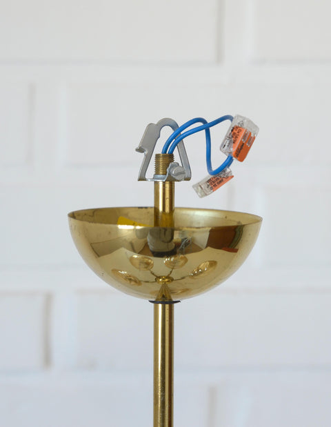 Vintage Restored Hollywood Regency Chandelier – 5 Amber Glass Globes, Brass-Tone Gooseneck Design, Yugoslavia 1980s