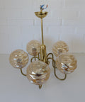 Vintage Restored Hollywood Regency Chandelier – 5 Amber Glass Globes, Brass-Tone Gooseneck Design, Yugoslavia 1980s