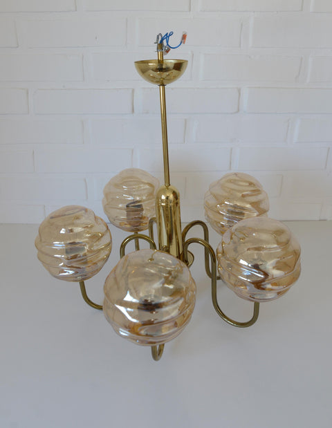 Vintage Restored Hollywood Regency Chandelier – 5 Amber Glass Globes, Brass-Tone Gooseneck Design, Yugoslavia 1980s