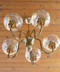 Vintage Restored Hollywood Regency Chandelier – 5 Amber Glass Globes, Brass-Tone Gooseneck Design, Yugoslavia 1980s