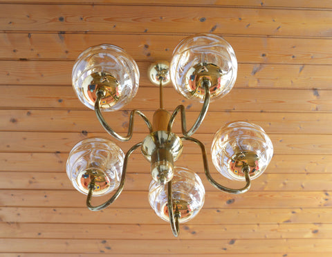 Vintage Restored Hollywood Regency Chandelier – 5 Amber Glass Globes, Brass-Tone Gooseneck Design, Yugoslavia 1980s